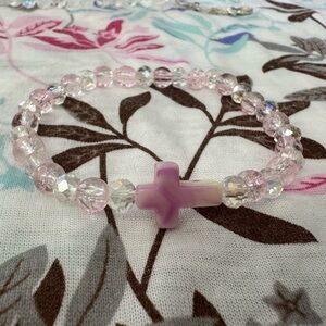 Pink Beaded Bracelet with Cross Charm